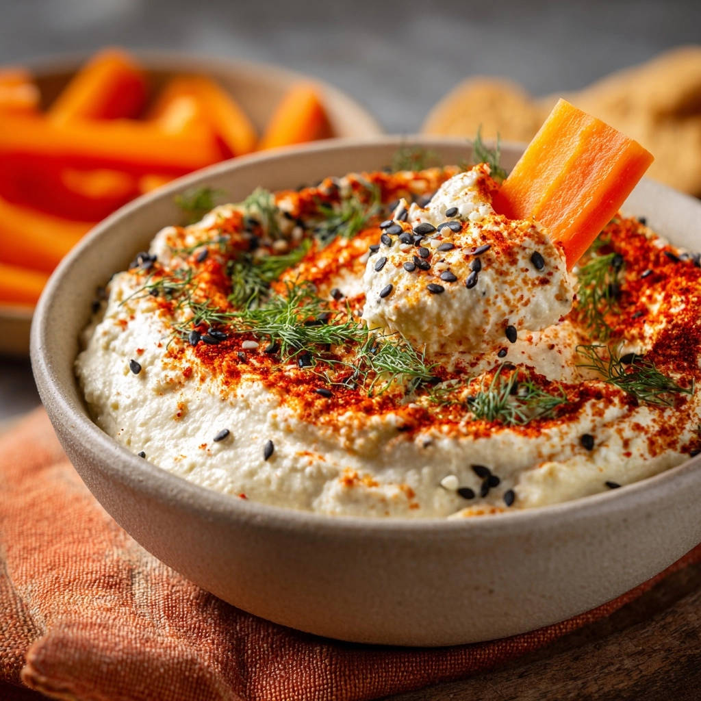 Creamy homemade hummus garnished with paprika and dill, with a carrot stick dipping into it.