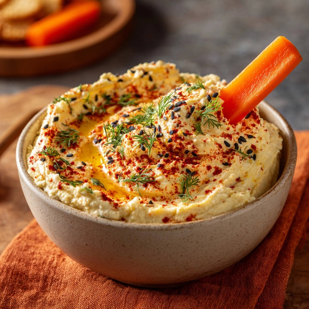 Creamy homemade hummus garnished with paprika, dill, and black sesame seeds, with a carrot stick.
