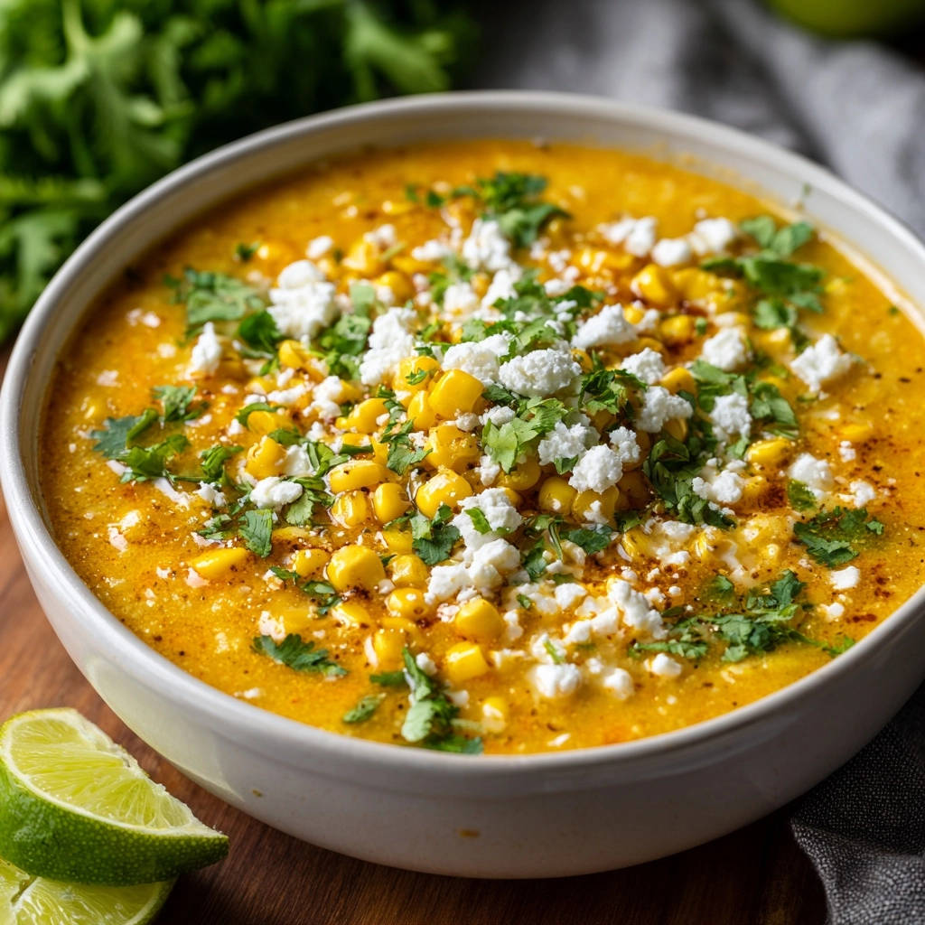 Creamy Mexican-inspired corn soup, generously topped with crumbled white cheese and fresh cilantro.