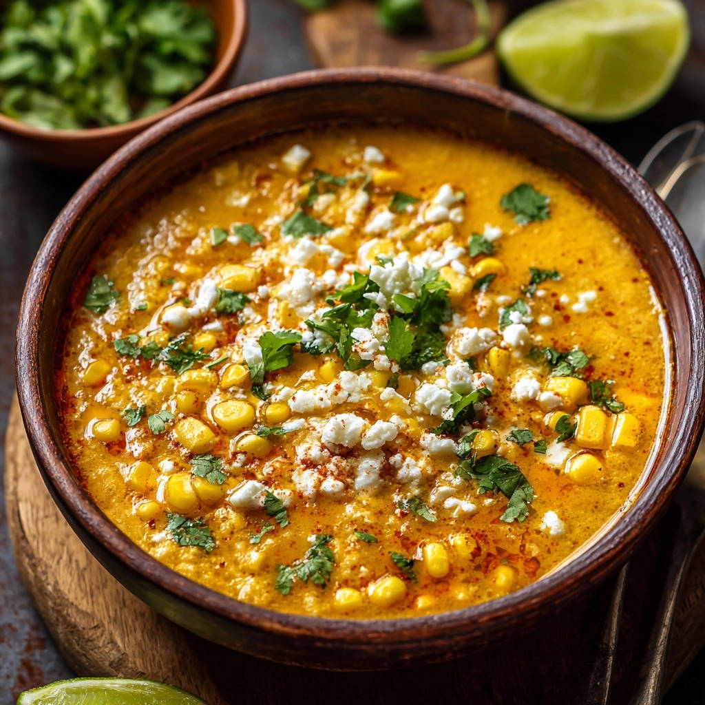 Creamy Mexican-inspired corn soup with crumbled feta cheese and fresh cilantro garnish in a wooden bowl.
