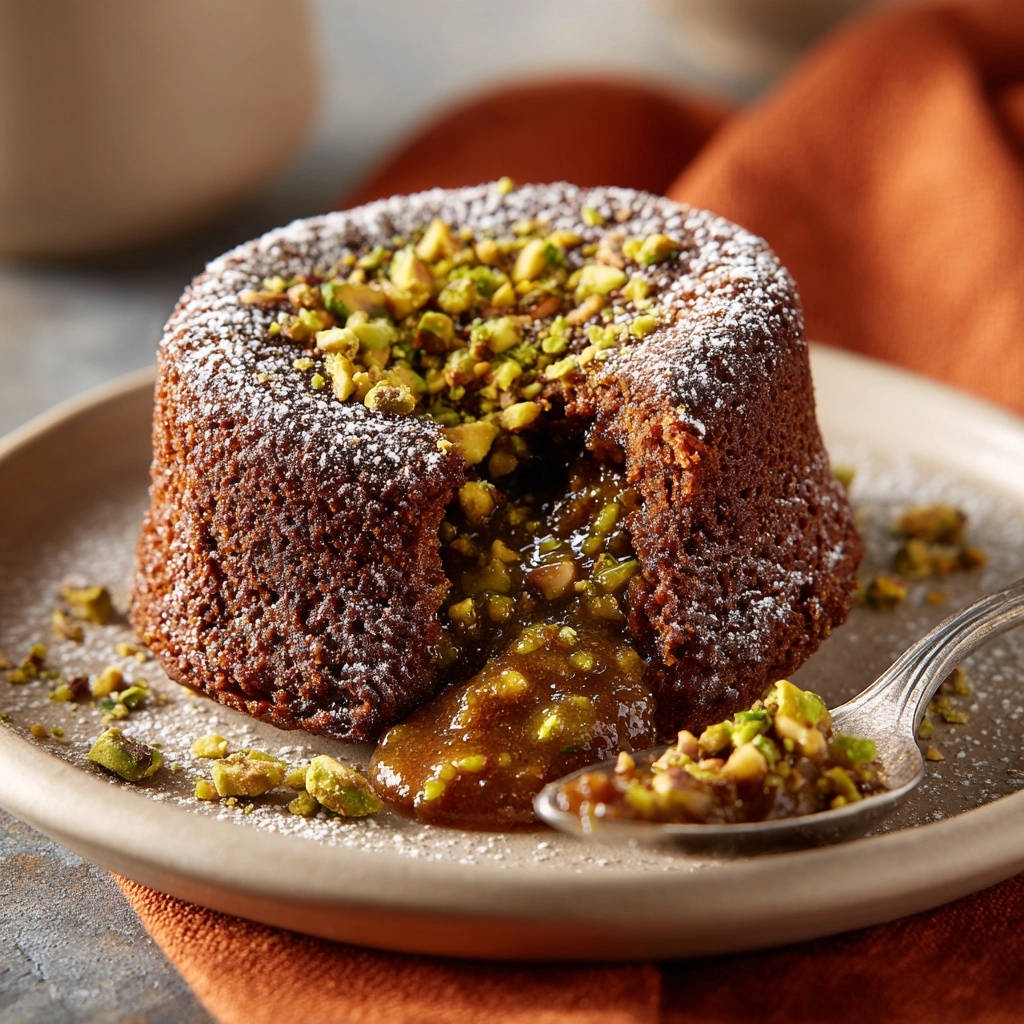 Easy chocolate lava cake with a molten pistachio center, dusted with powdered sugar and chopped pistachios.