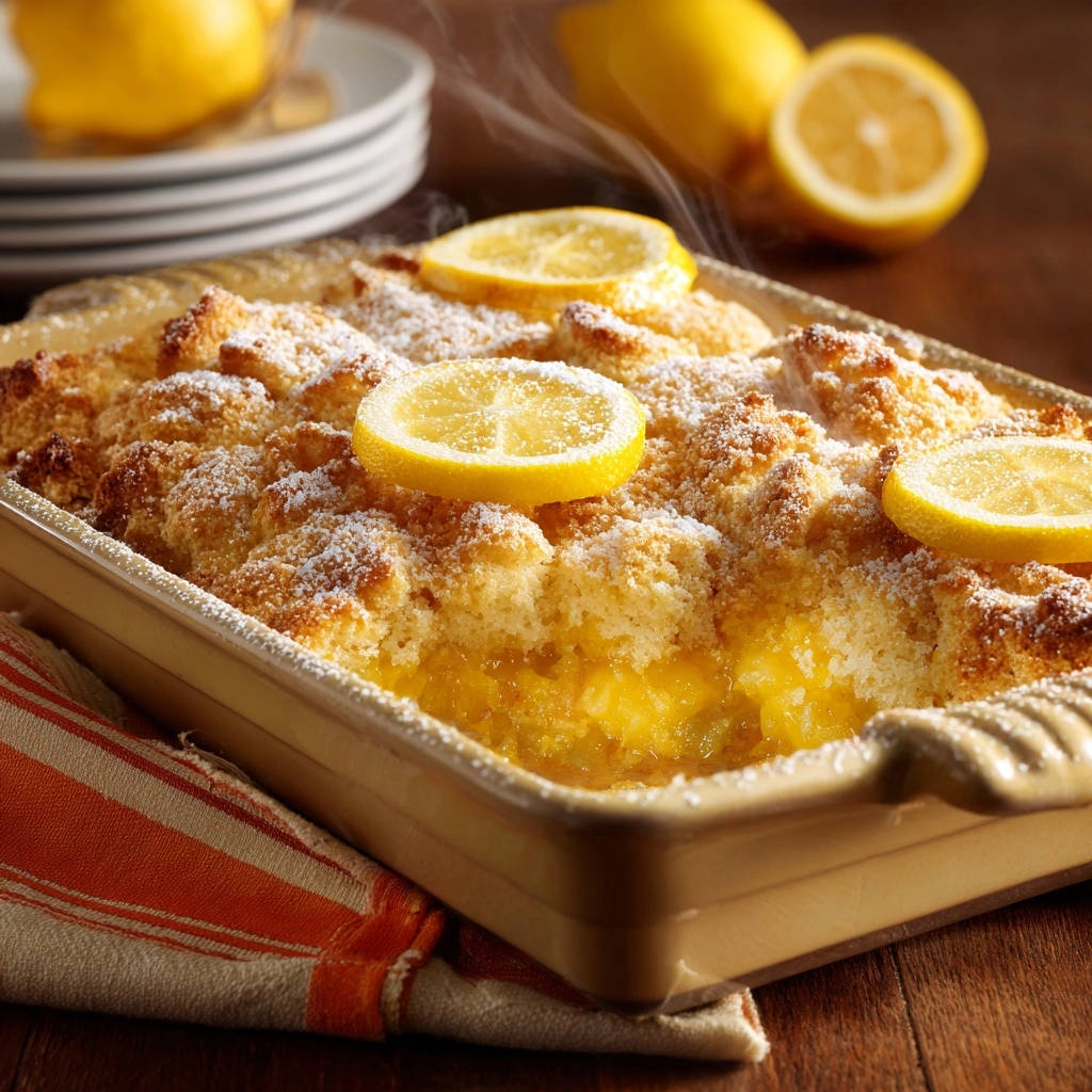 Easy Lemon Crumb Pudding, a steaming gooey dessert in a baking dish, garnished with lemon slices.