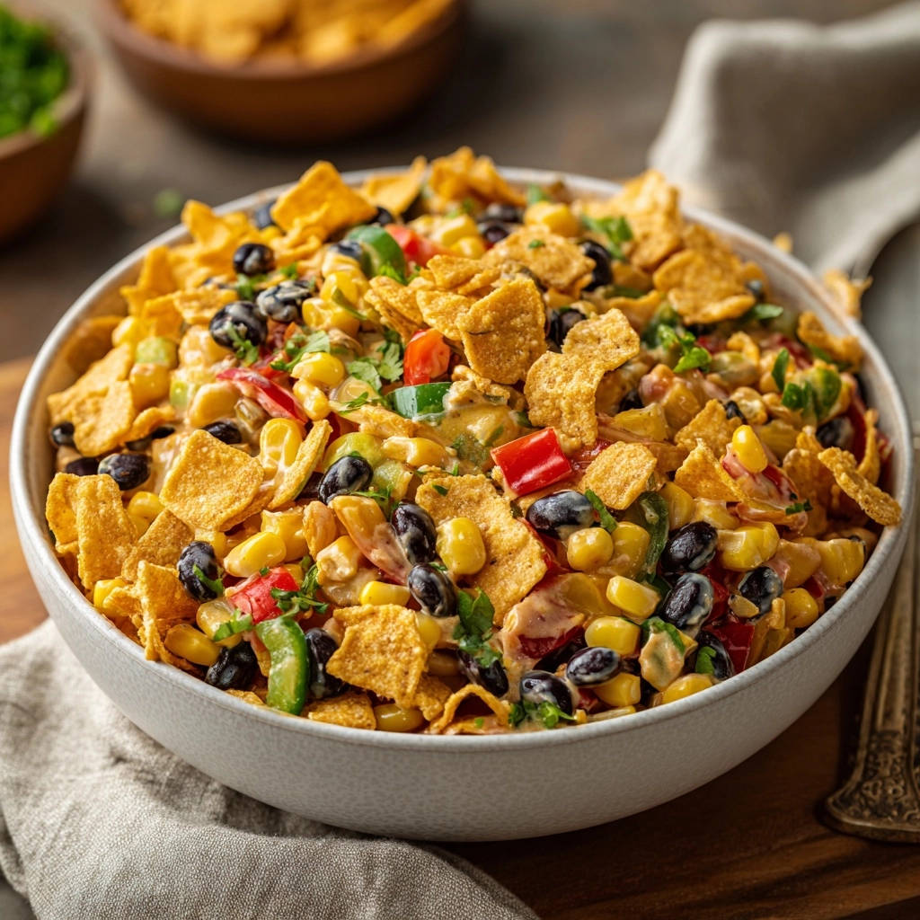 Fiesta Corn and Bean Chip Salad shown in a close-up view within a light grey bowl, topped with corn chips.