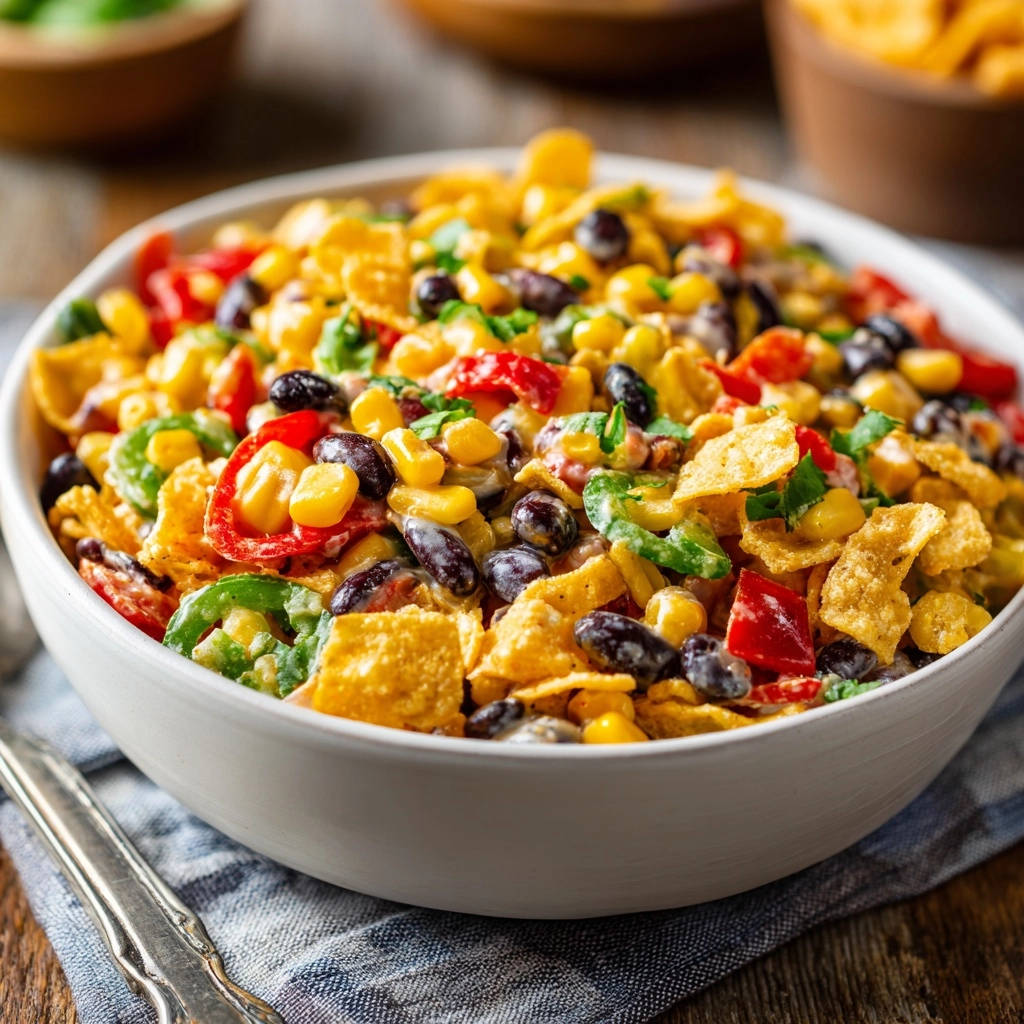 Fiesta corn and bean chip salad in a white bowl, featuring a close-up view of the colorful ingredients and crunchy chips.