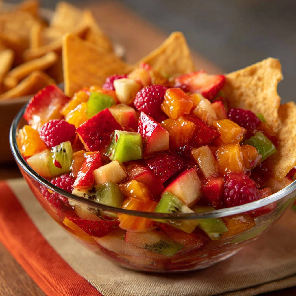 Fresh fruit salsa served in a clear glass bowl with tortilla chips, featuring strawberries, kiwi, raspberries, and oranges.