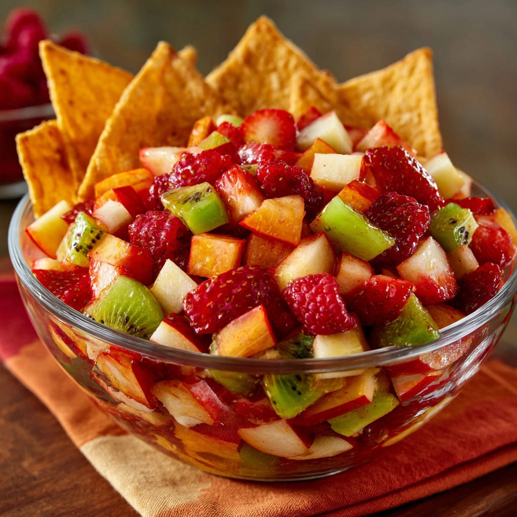 Fresh fruit salsa served in a clear glass bowl with tortilla chips, showcasing strawberries, kiwi, and apples.