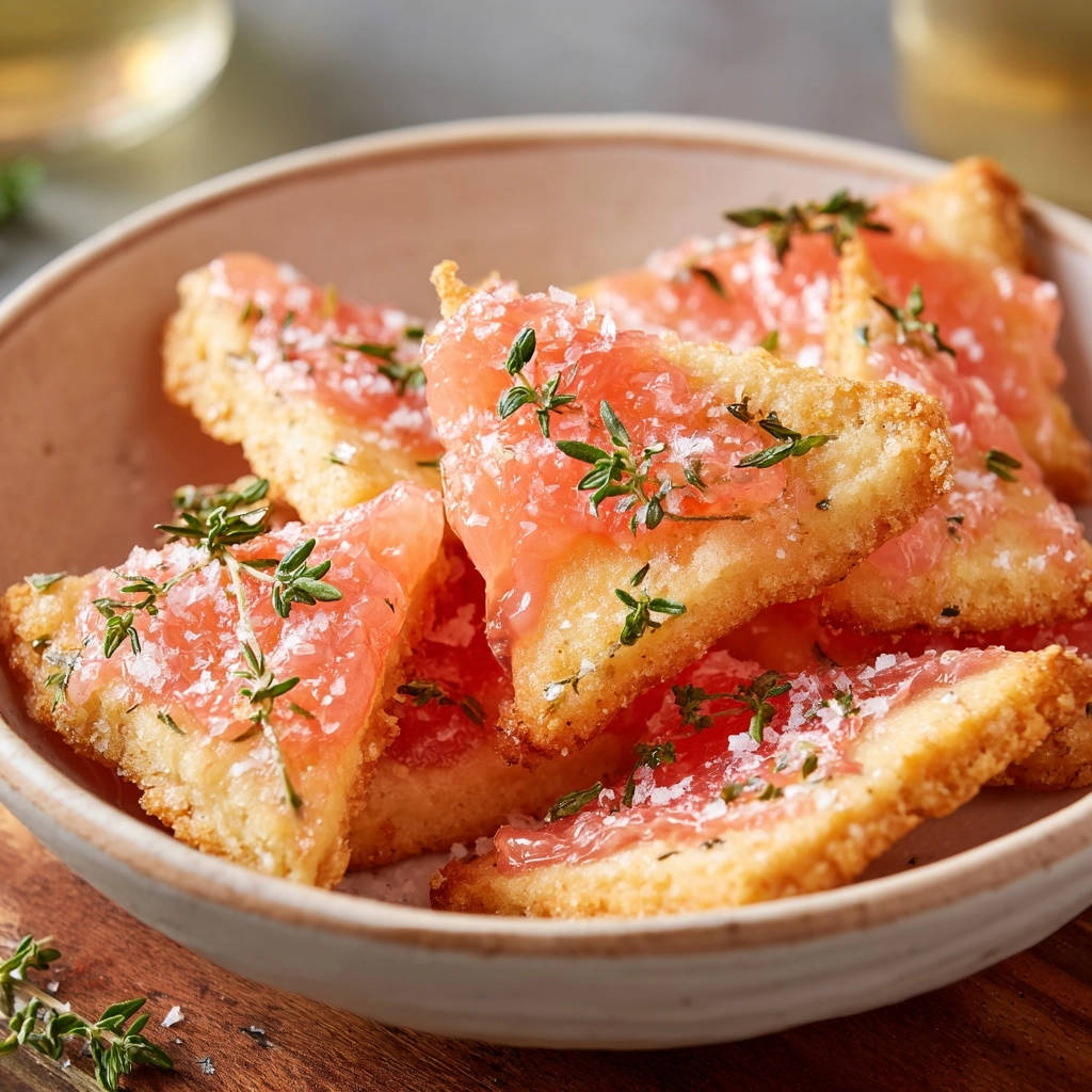 Grapefruit and thyme crispy bites served in a bowl, garnished with fresh thyme and coarse salt.