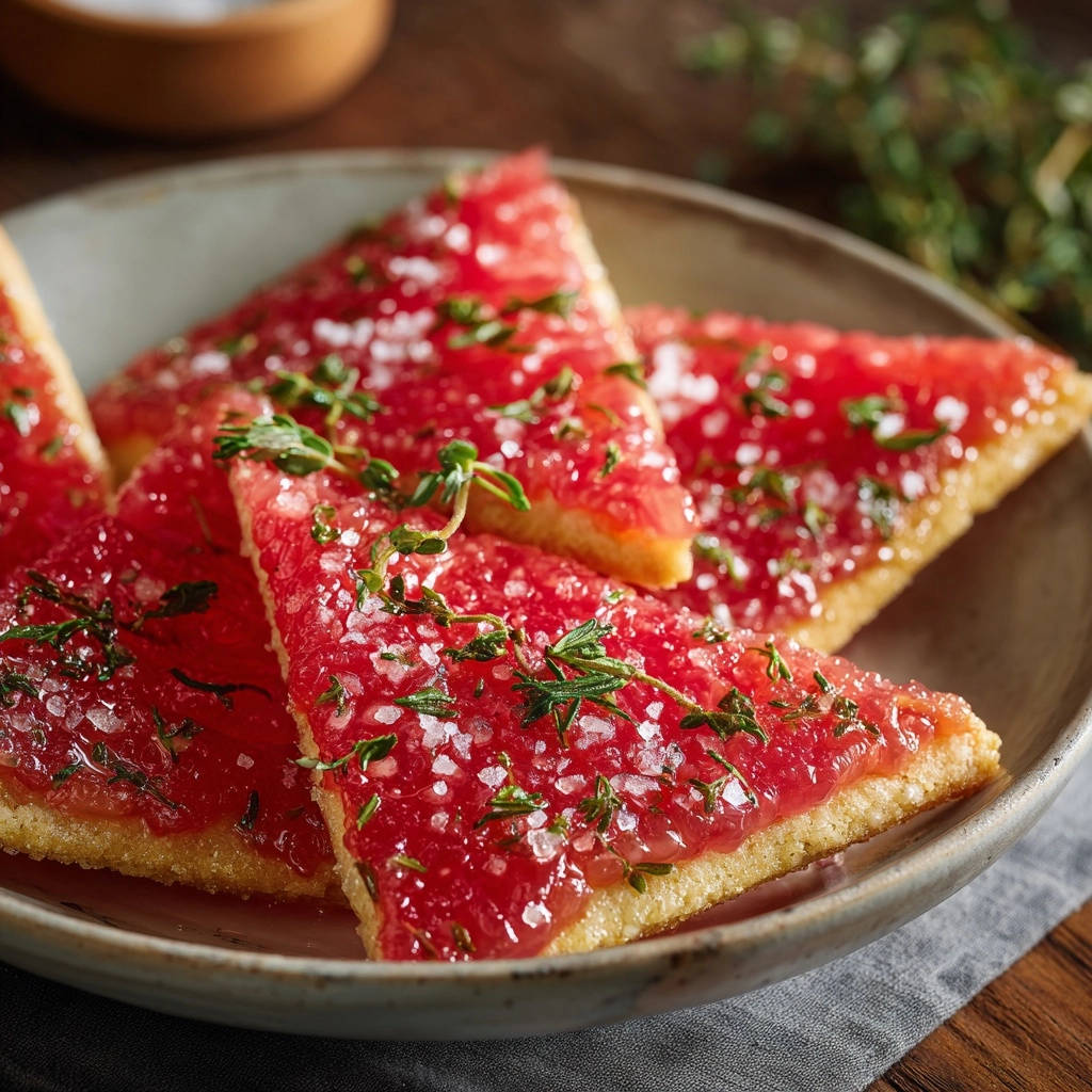 Grapefruit and thyme crispy bites shown in a close-up, revealing the texture of a single slice.