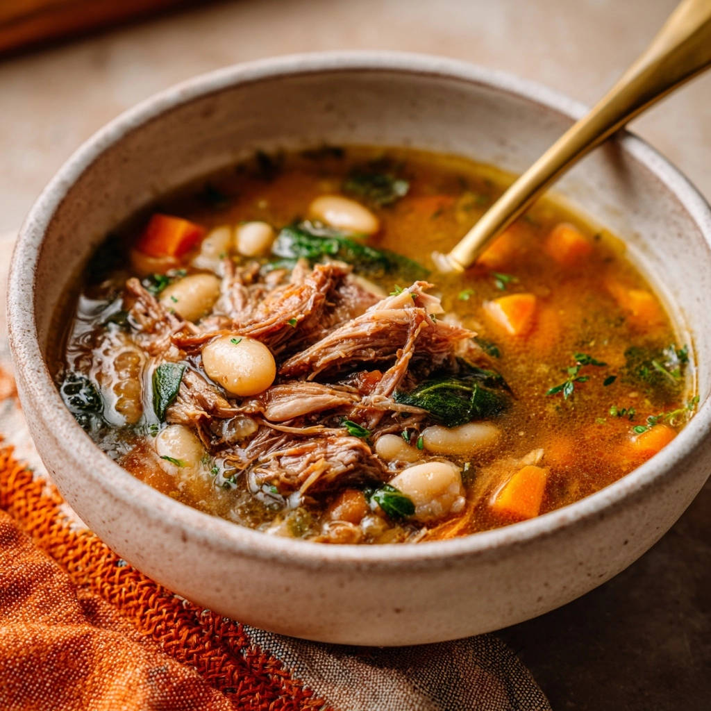Hearty beef and bean soup in a rustic bowl, showcasing tender shredded beef and white beans with carrots and greens.