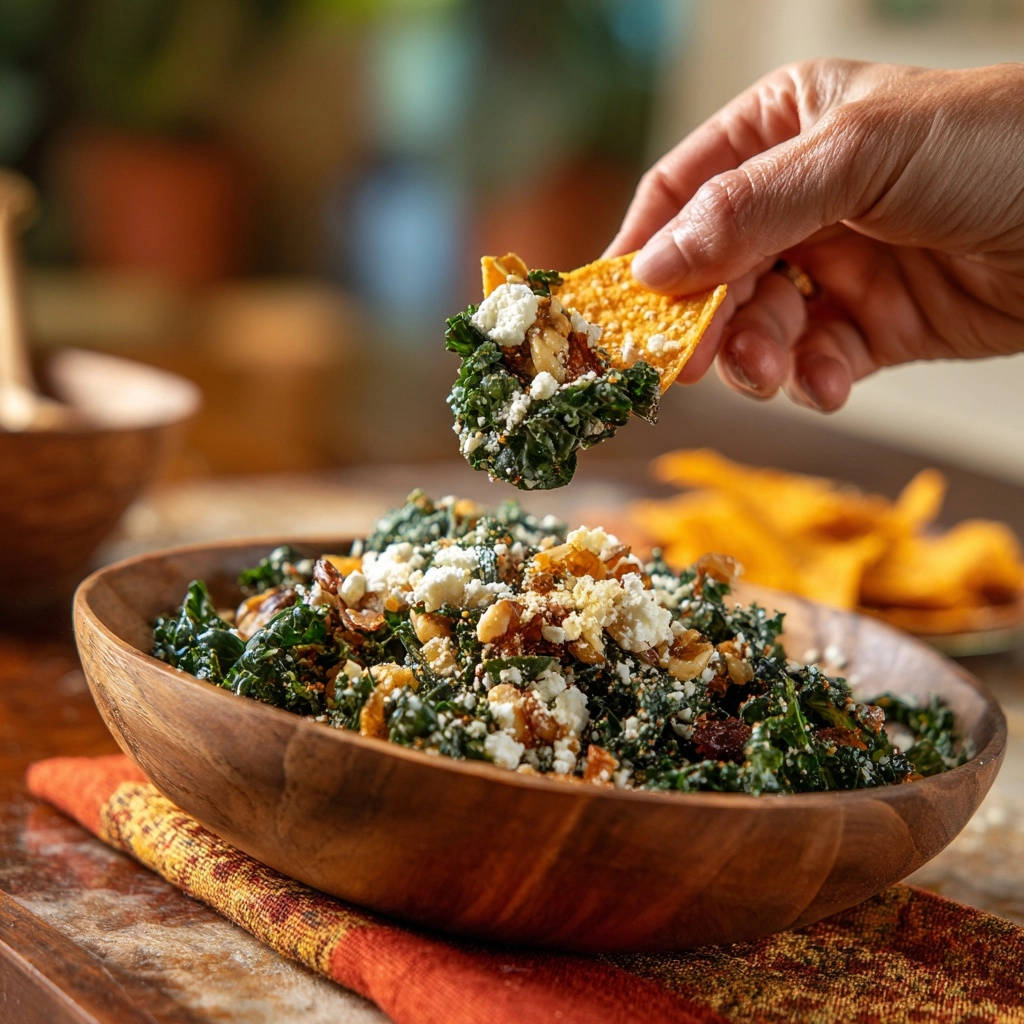 Hearty kale dip being scooped with a tortilla chip, showing the chunky texture and crumbled cheese topping.