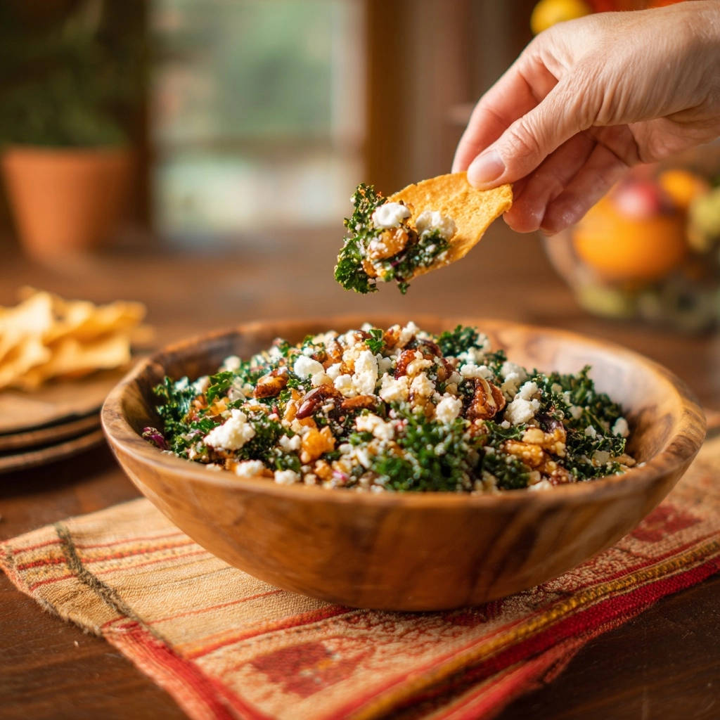 Hearty kale dip being scooped with a chip, showcasing the fresh ingredients and crumbled cheese topping.