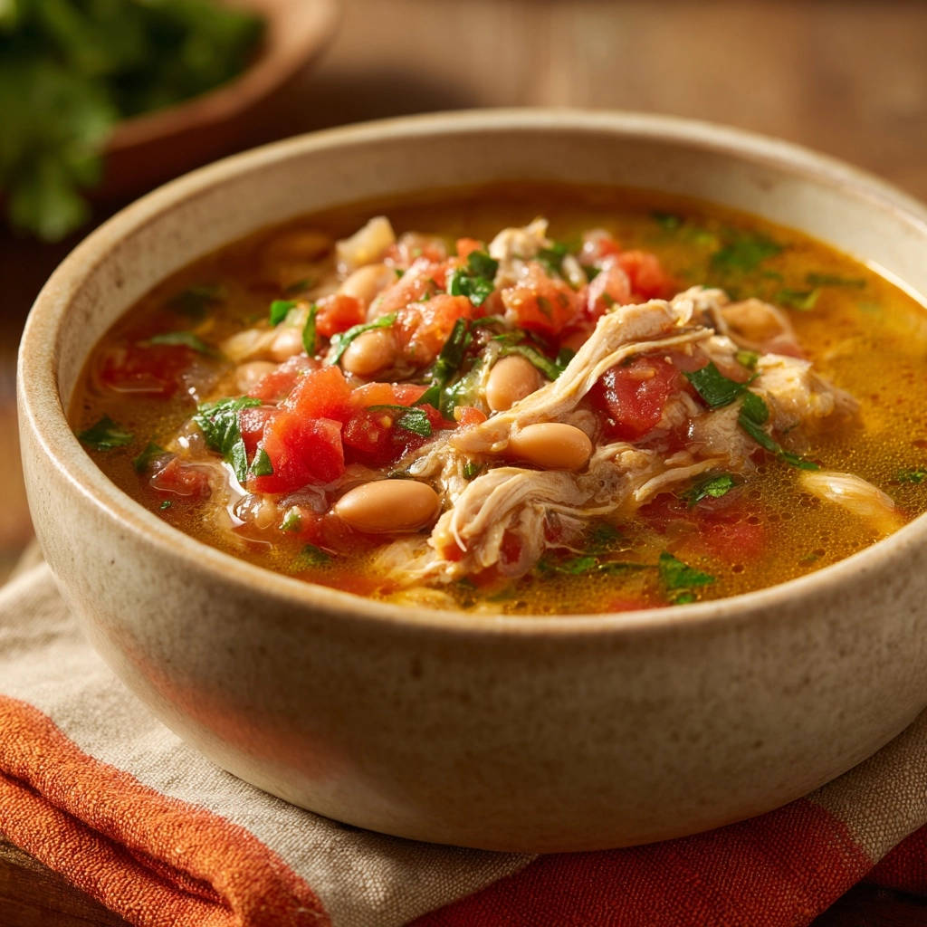 Hearty white bean chicken chili served in a rustic bowl, showcasing shredded chicken and white beans with diced tomatoes.