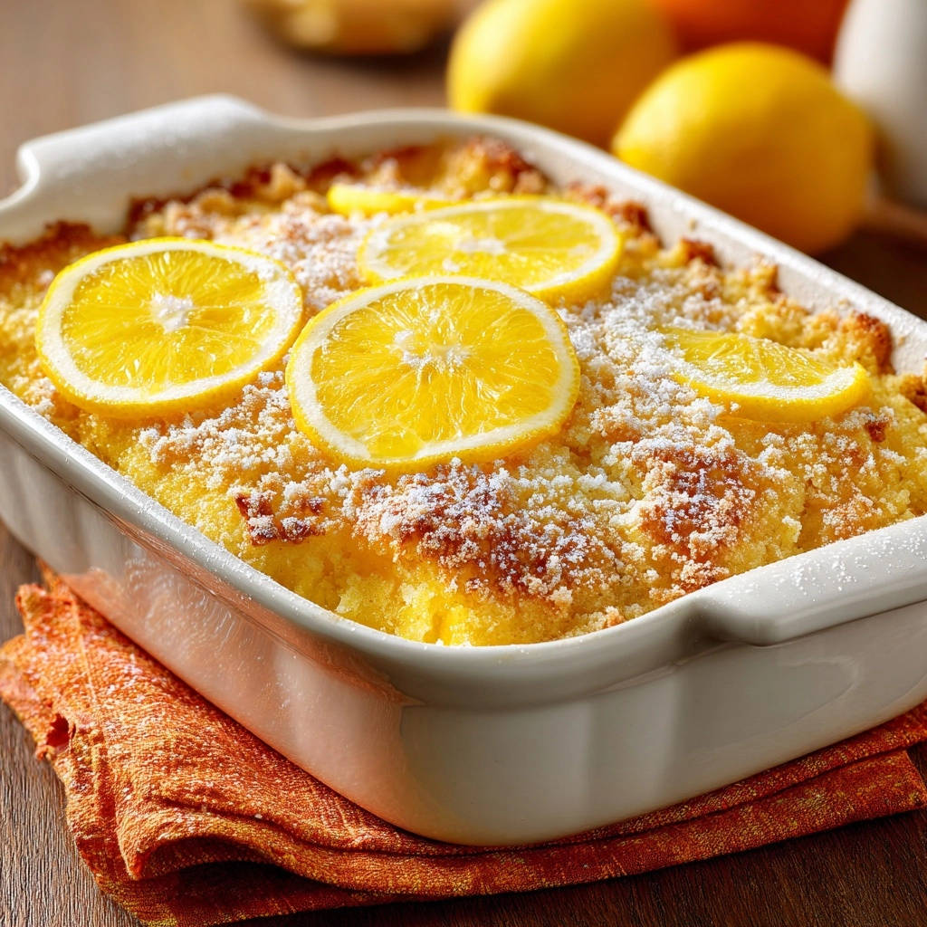 Easy Lemon Crumb Pudding topped with fresh lemon slices and a dusting of powdered sugar.
