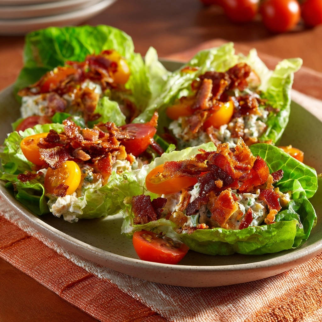 Amazing loaded lettuce cups with crispy bacon and cherry tomatoes plated on a green dish.