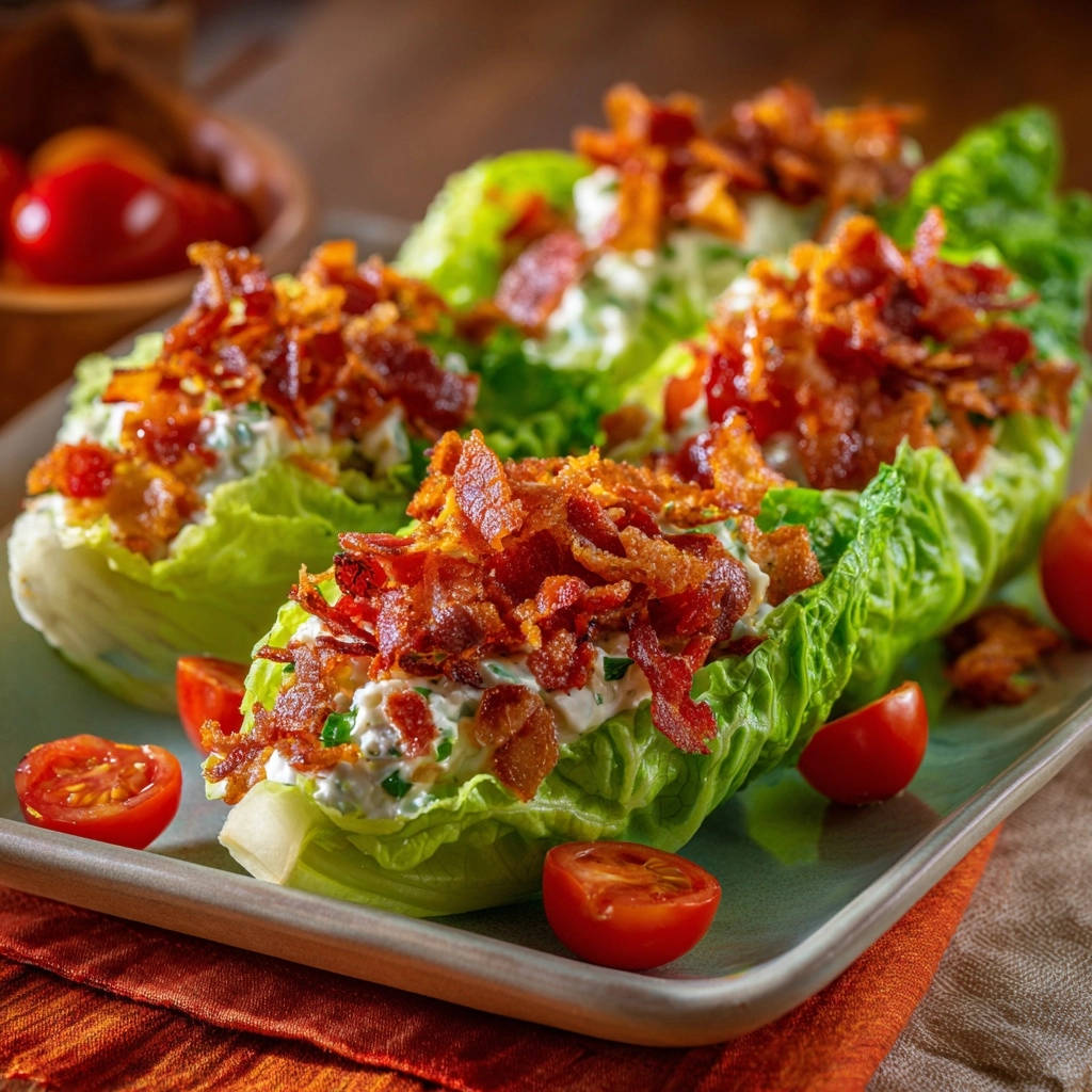 Loaded lettuce cups with crispy bacon topping and cherry tomatoes, presented from a close-up top-down perspective.