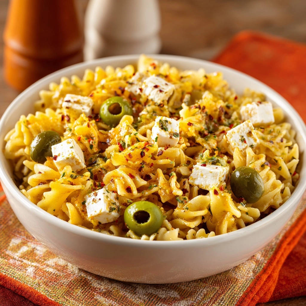 Mediterranean bow-tie pasta salad featuring feta cheese cubes, green olives, and red pepper flakes in a white bowl.