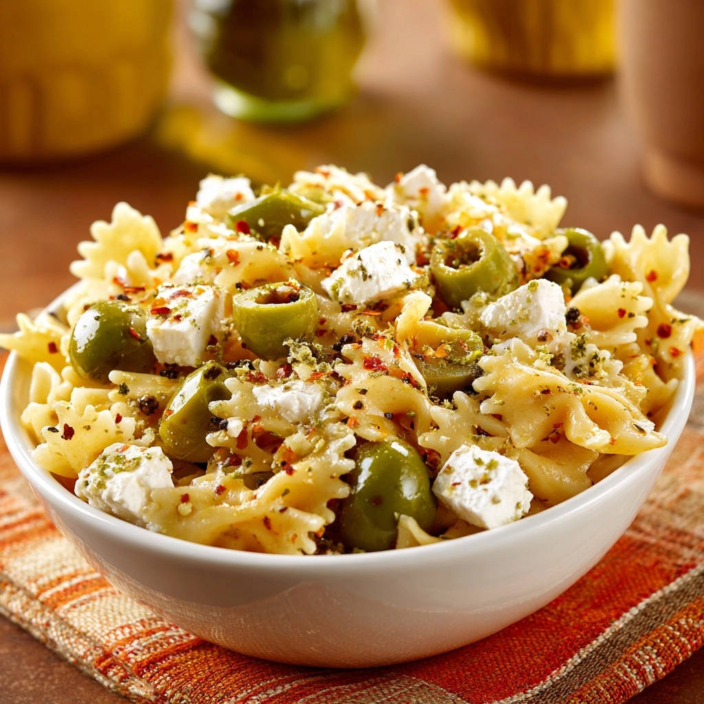 Mediterranean bow-tie pasta salad with feta cheese and green olives, seasoned with chili flakes.