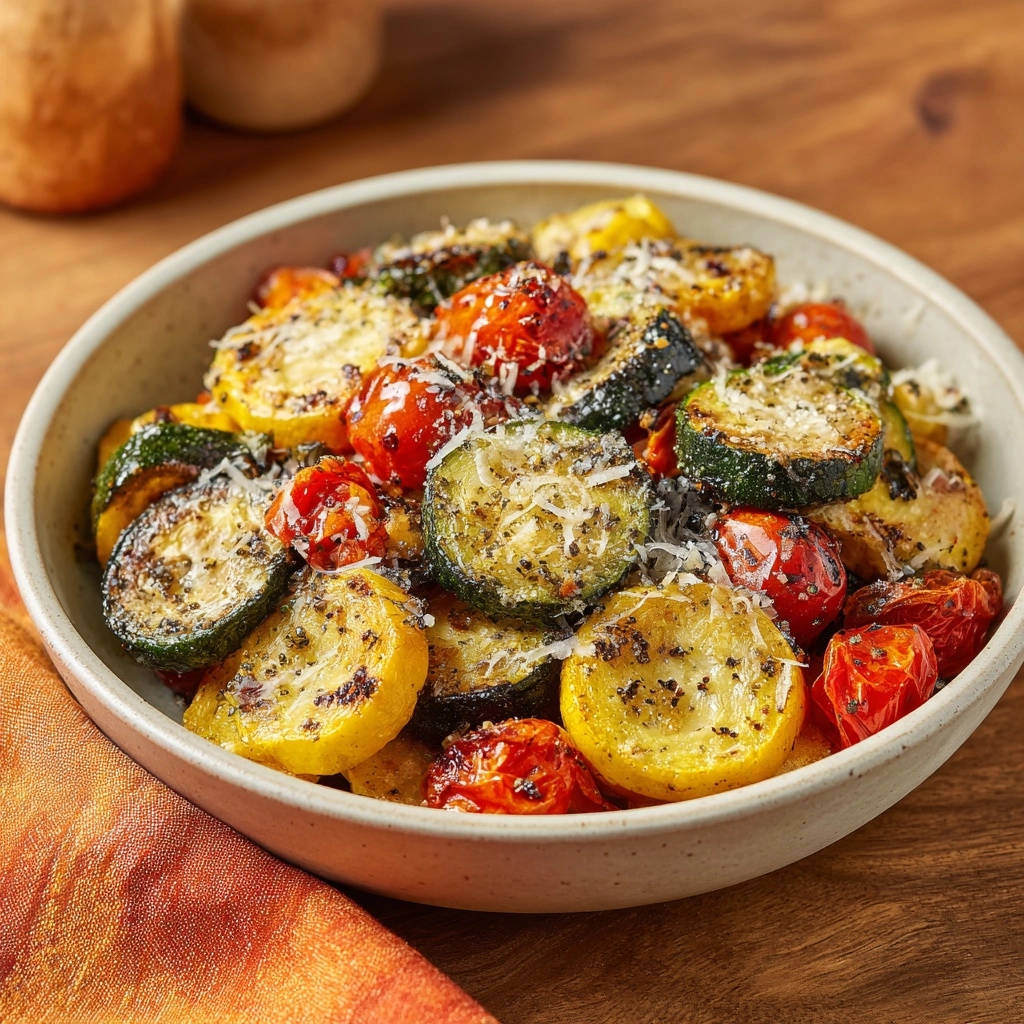 Pan-seared summer squash and cherry tomatoes are served in a bowl, topped with grated Parmesan cheese.