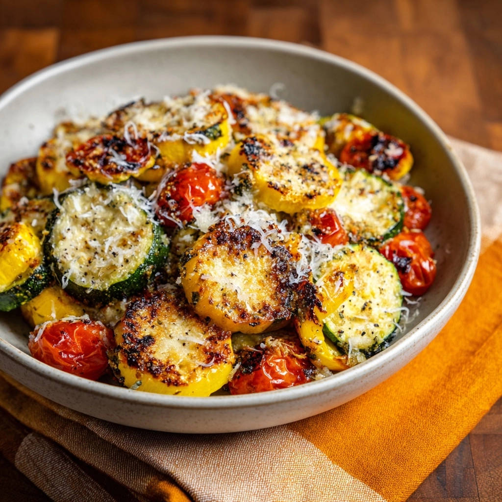 Pan-seared summer squash and cherry tomatoes in a bowl, topped with grated Parmesan cheese.