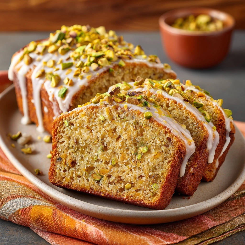 Pistachio loaf cake sliced and drizzled with glaze, topped with chopped pistachios.