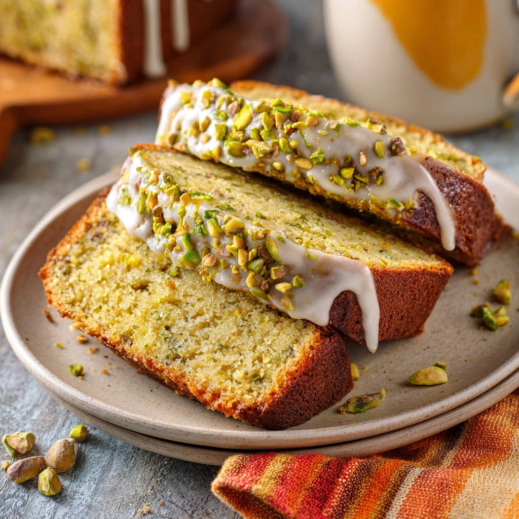 Pistachio loaf cake sliced and served on a plate, topped with white icing and chopped pistachios.