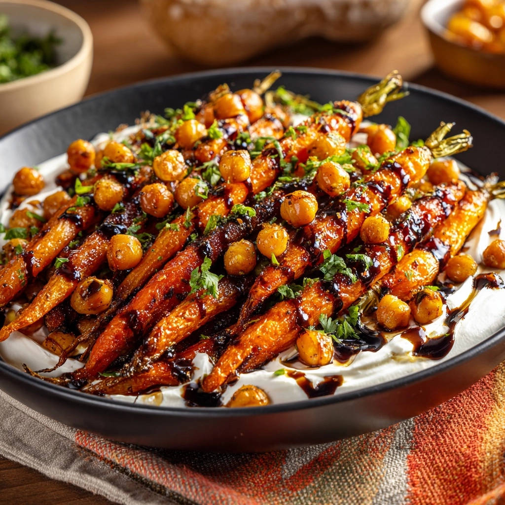 Roasted carrots and crispy chickpeas served over a creamy base with a balsamic drizzle and fresh parsley garnish.