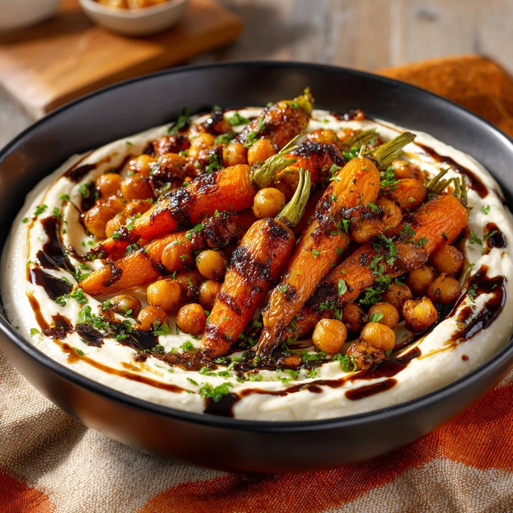 Roasted carrots and crispy chickpeas served over creamy hummus with a dark drizzle and fresh parsley garnish.