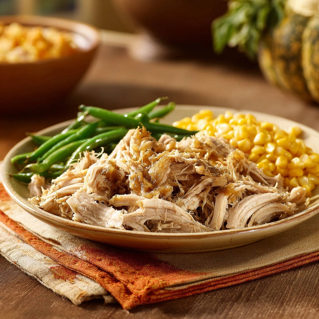 Slow cooker BBQ pulled chicken served on a plate with green beans and corn, shown from a side view.