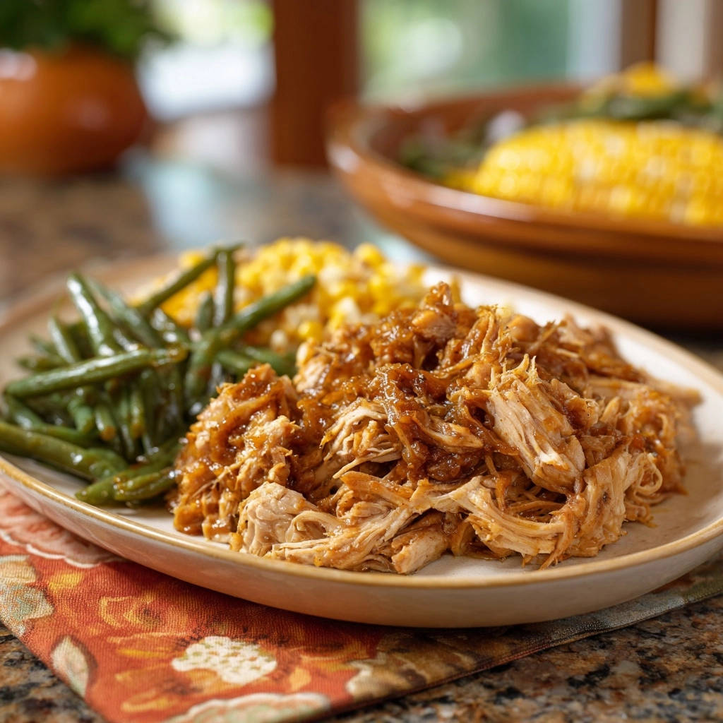 Slow cooker BBQ pulled chicken served on a plate with green beans and corn, viewed from the side.