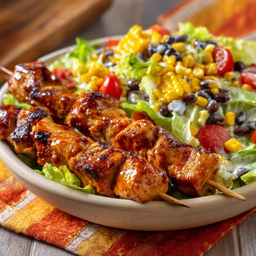 Southwest chicken skewer salad featuring grilled chicken skewers served over a bed of lettuce with corn and black beans.