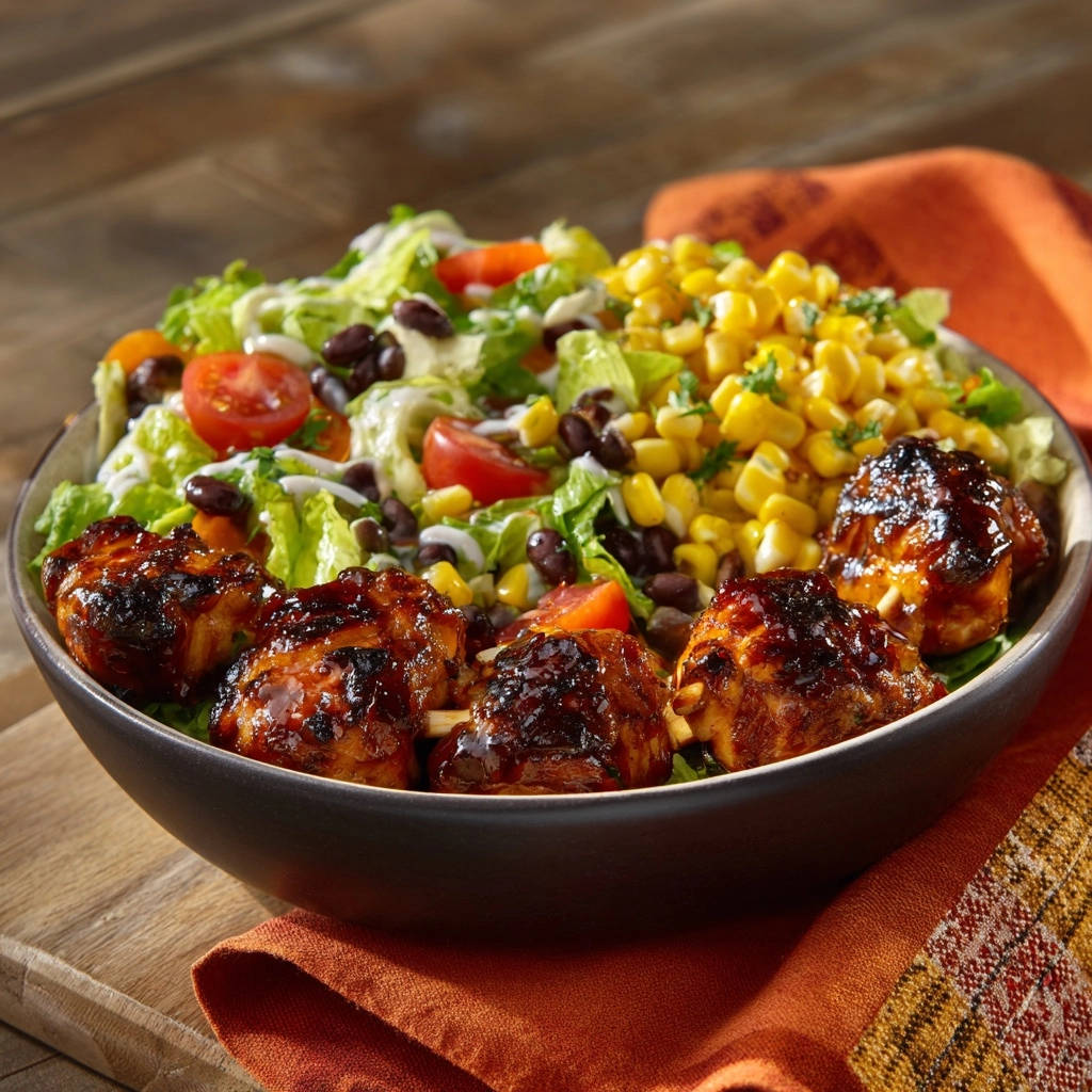 Southwest chicken skewer salad featuring glazed chicken skewers in a bowl with corn and black bean salad.