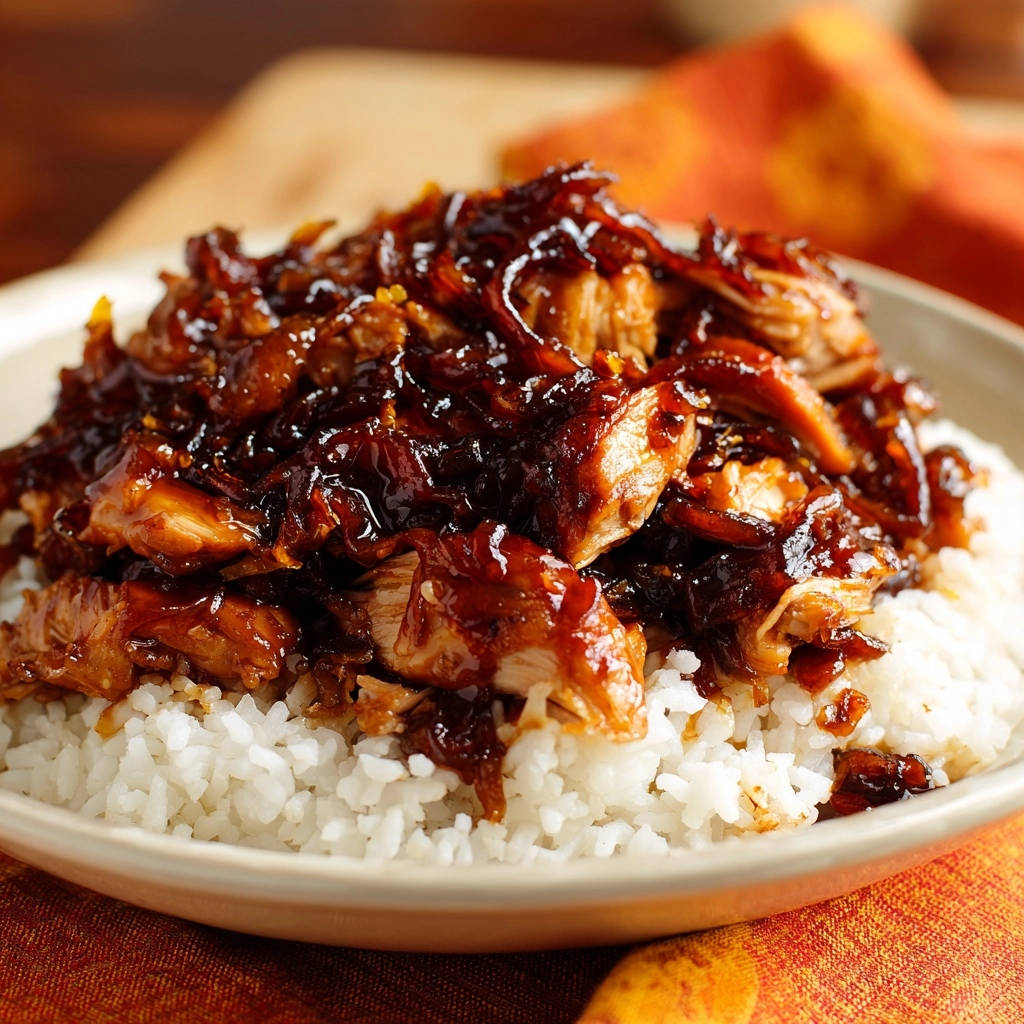 Sticky glazed chicken and rice piled high on white rice, shown in a close-up view.