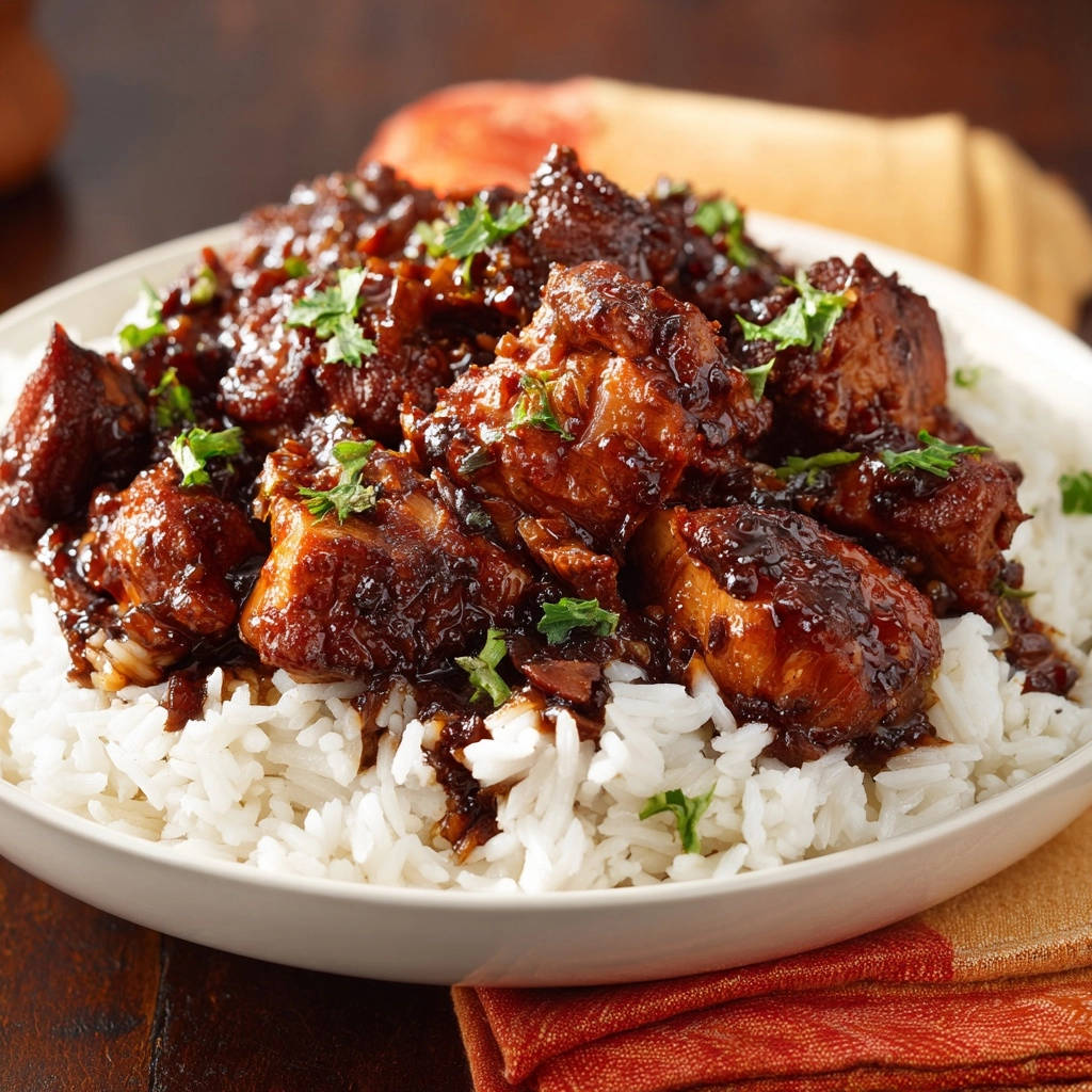 Sticky glazed chicken and rice in a white bowl, captured in a close-up view showcasing the glistening sauce and fluffy white rice.