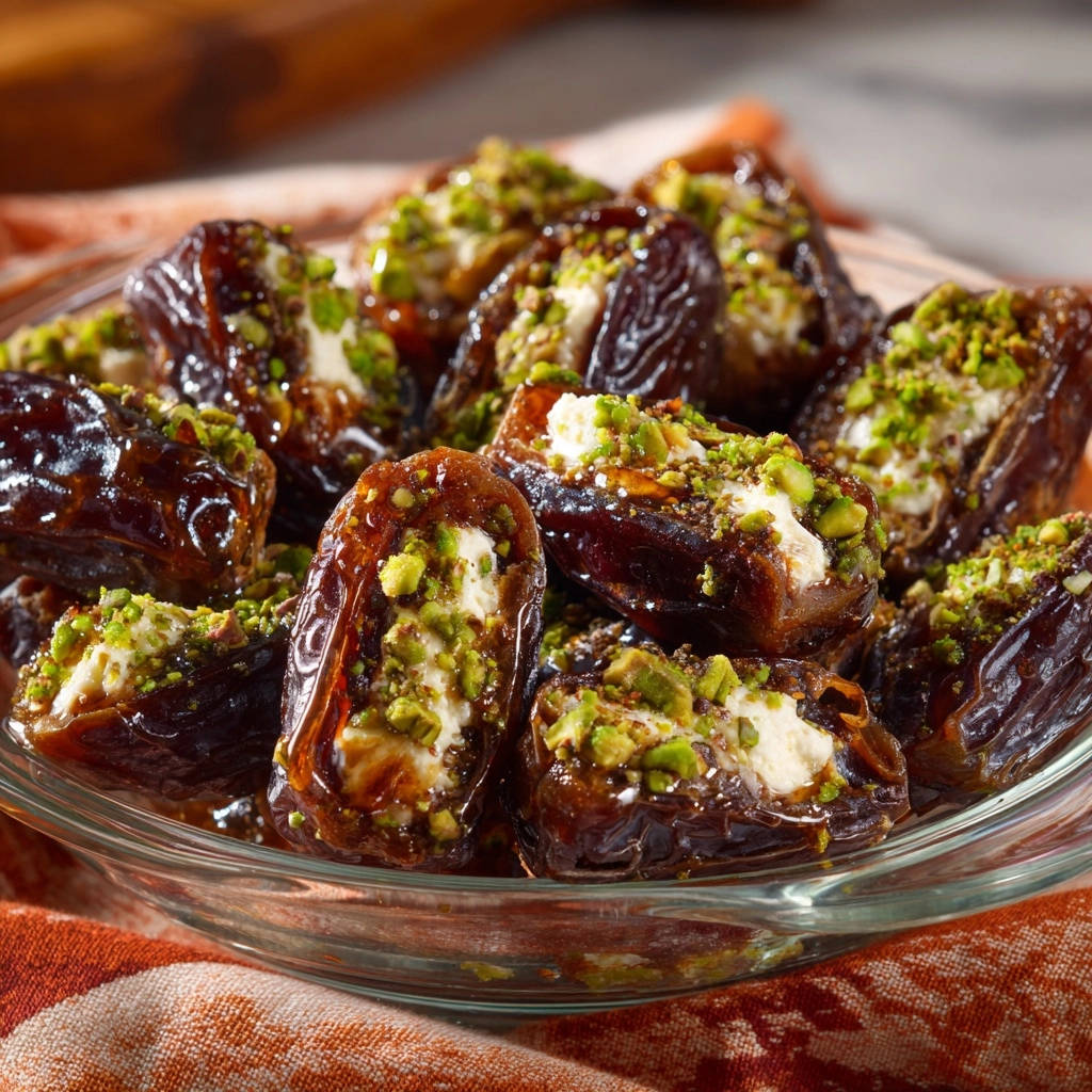 Stuffed dates filled with creamy filling and pistachios, showing a detailed cross-section of the delicious treat.
