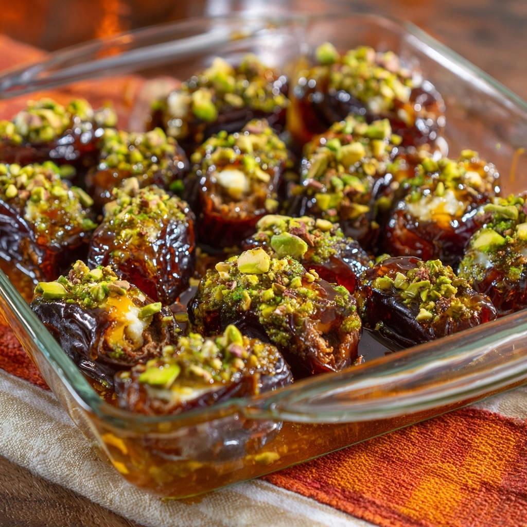 Stuffed dates with a creamy filling, topped with chopped pistachios and a glistening glaze.