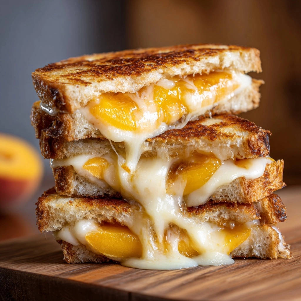 Sweet peach grilled cheese sandwich stacked high, showcasing an oozy, melted cheese interior.