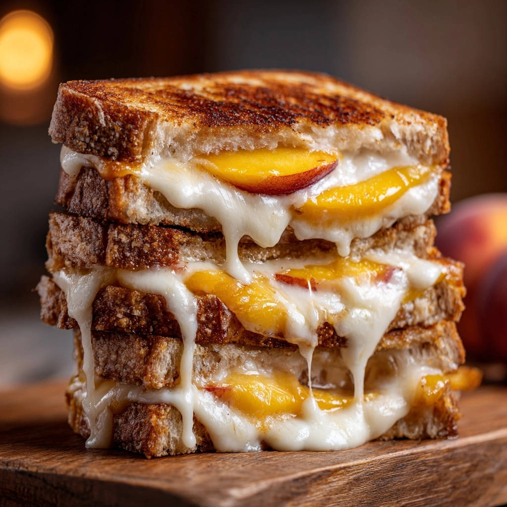 Sweet peach grilled cheese stacked high, showcasing its melty cheese and fruit layers in a close-up cross-section.