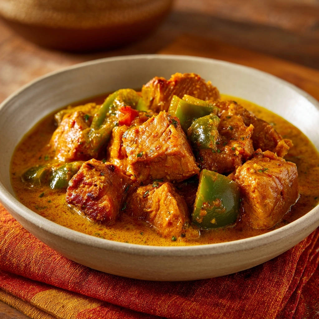 Tender beef and pepper stew shown in a close-up view within a light-colored bowl, showcasing the rich sauce and tender chunks of meat and vegetables.