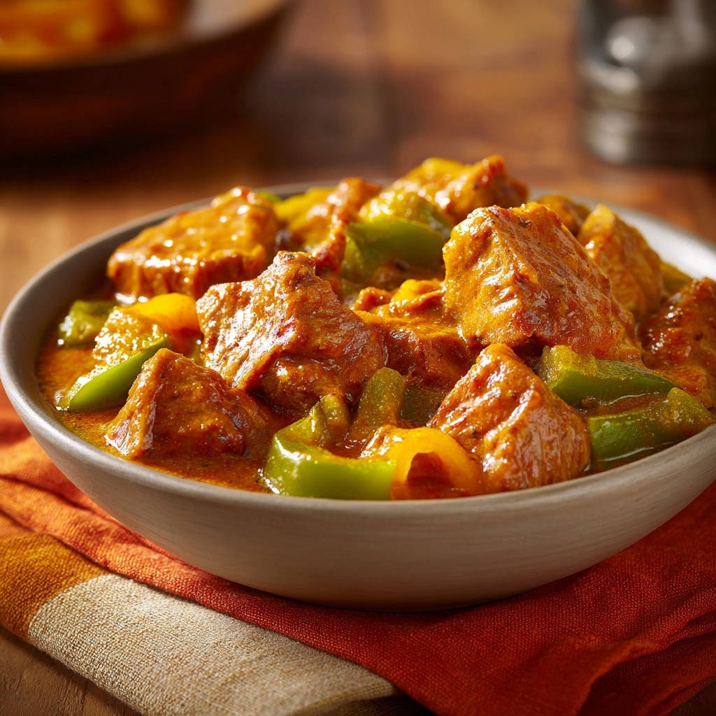 Tender beef and pepper stew in a rustic bowl, showcasing the rich sauce and chunky ingredients.