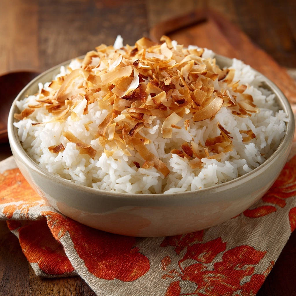 Toasted coconut rice featuring a generous topping of golden-brown toasted coconut flakes in a bowl.