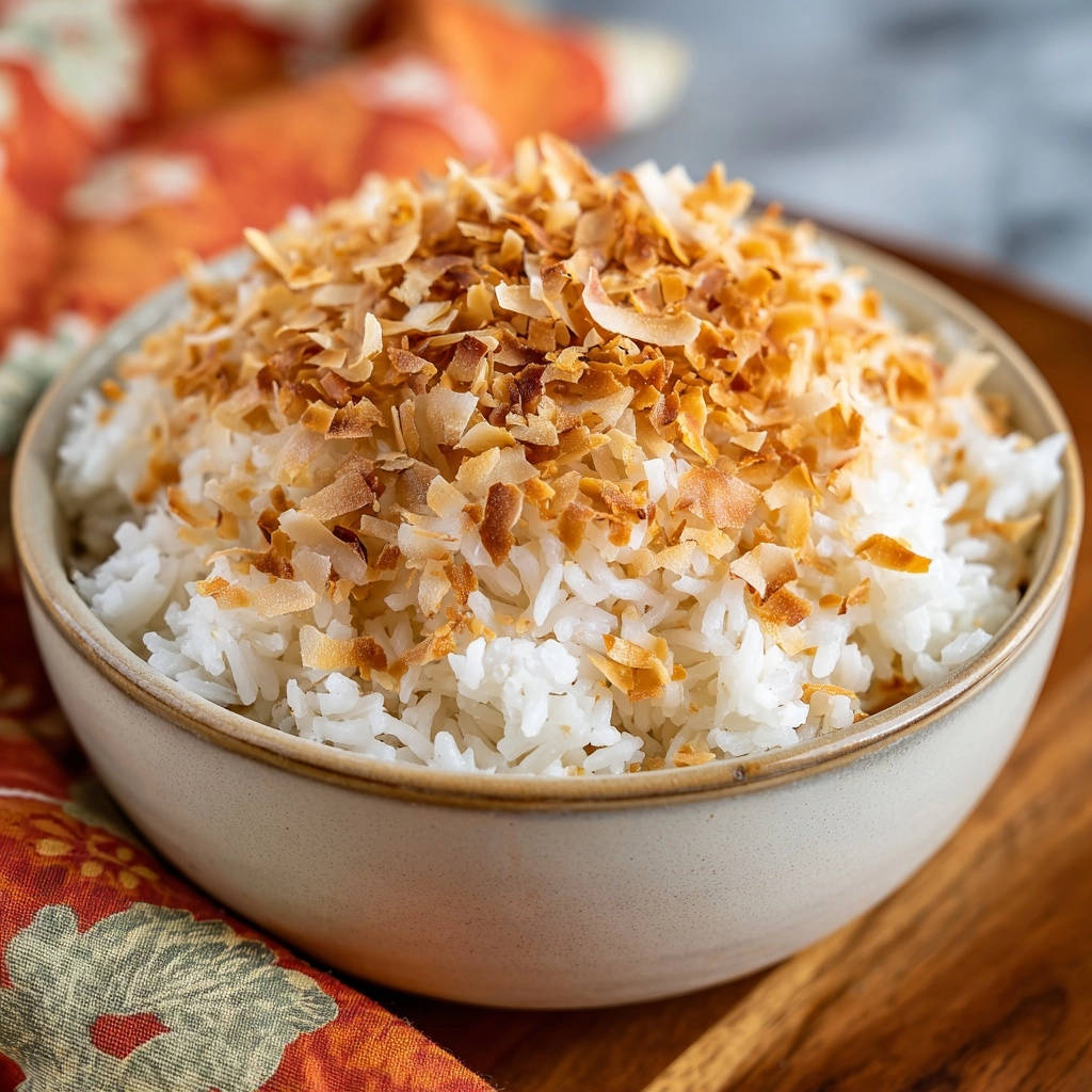 Toasted coconut rice features fluffy white grains generously topped with golden-brown toasted coconut flakes.