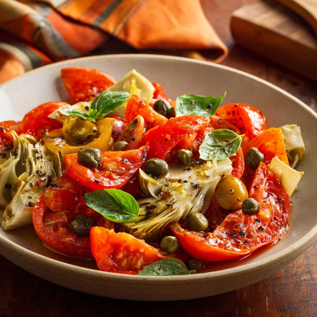 Tomato and artichoke salad close-up, showcasing fresh basil leaves and capers scattered on top.