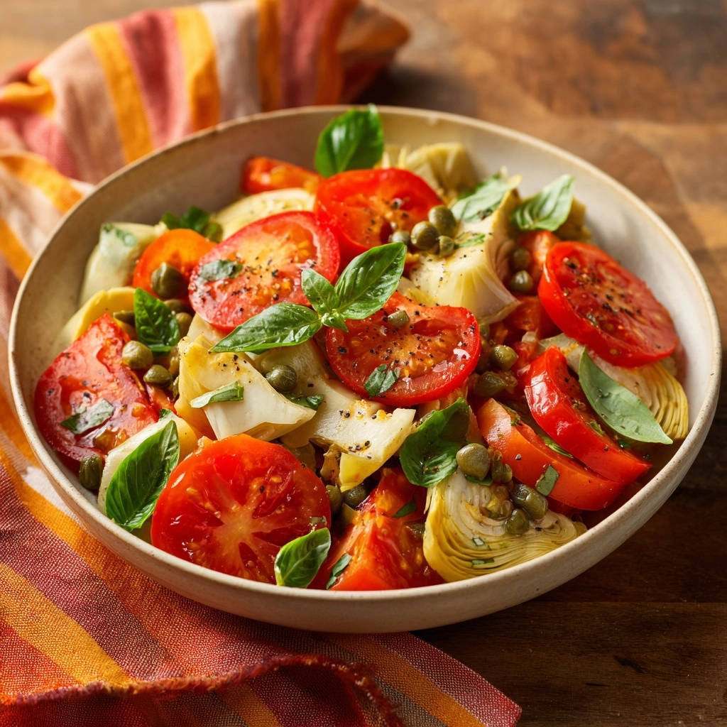 Tomato and artichoke salad in a bowl, garnished with fresh basil and capers, presented from an overhead angle.