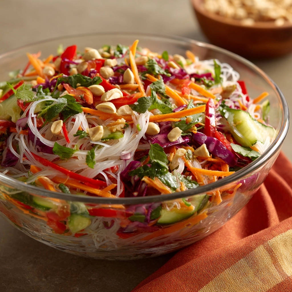 Easy Vietnamese Noodle Salad served in a clear glass bowl, topped with chopped peanuts and fresh herbs.