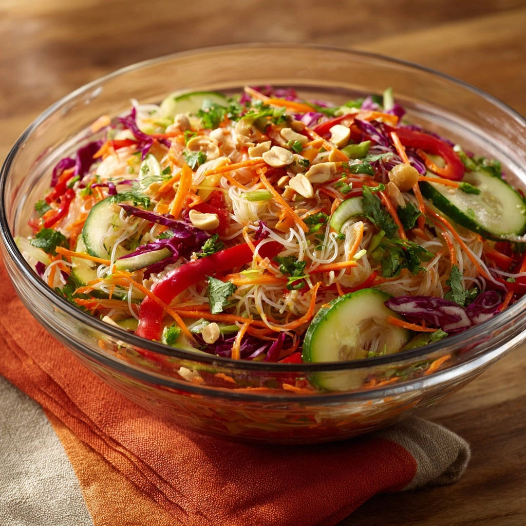 Easy Vietnamese Noodle Salad served in a clear glass bowl, showcasing fresh vegetables and noodles from an overhead perspective.