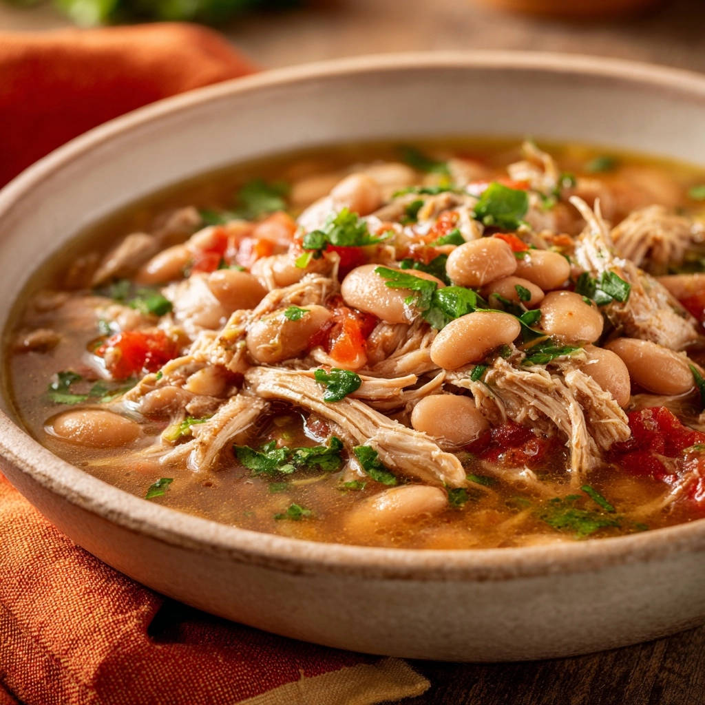 Hearty white bean chicken chili in a rustic bowl, showcasing shredded chicken, beans, and a fresh herb garnish.