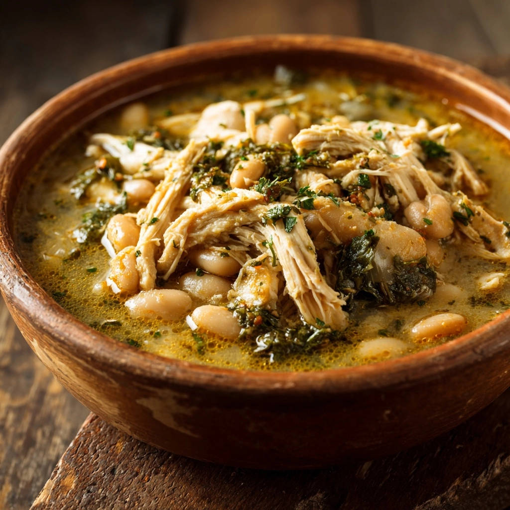 Hearty white bean chicken stew close-up in a rustic bowl, showcasing tender shredded chicken and creamy beans.