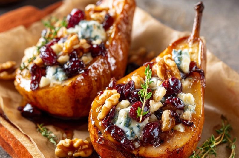 Baked Pears with Blue Cheese, Cranberries, and Walnuts