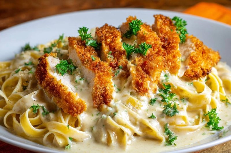 Creamy Fettuccine with Crispy Chicken