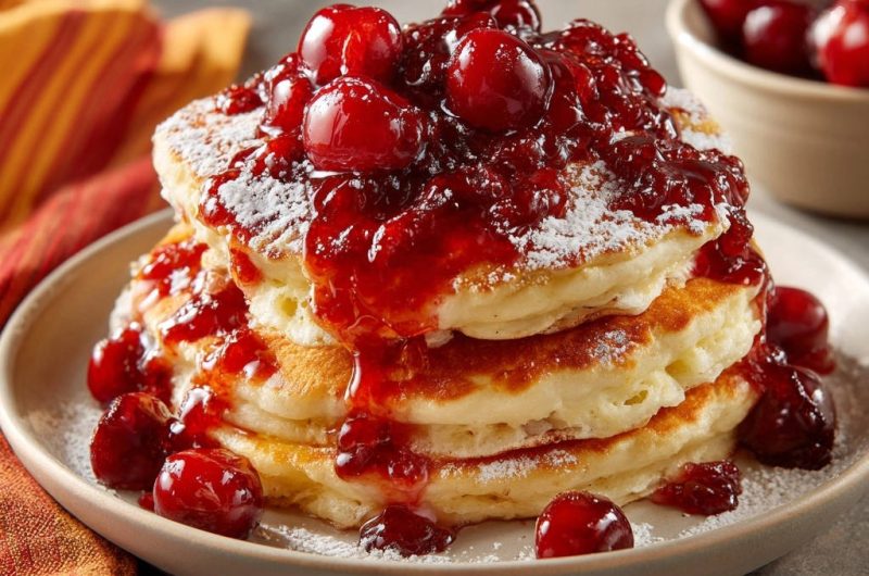 Fluffy Buttermilk Pancakes with Cherry Topping